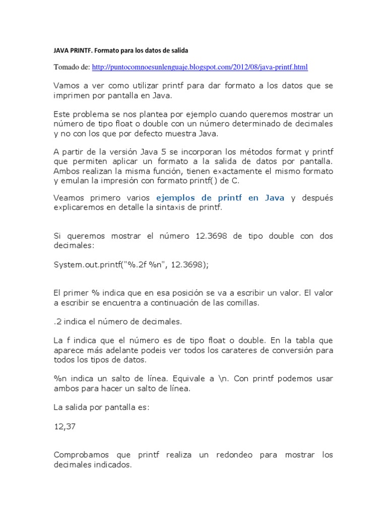 Printf Uso en Java | PDF | Java (lenguaje de programación) | Cadena ...