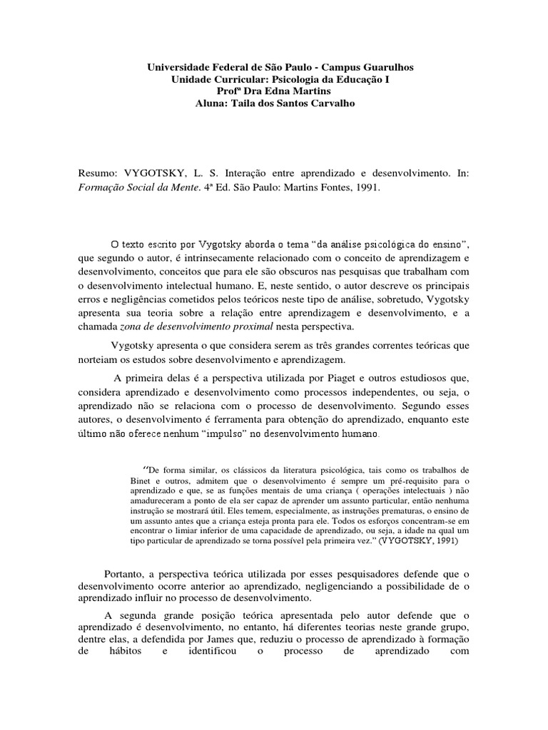 Vygotsky: Aprendizado e Desenvolvimento | PDF | Aprendizado | Psicologia