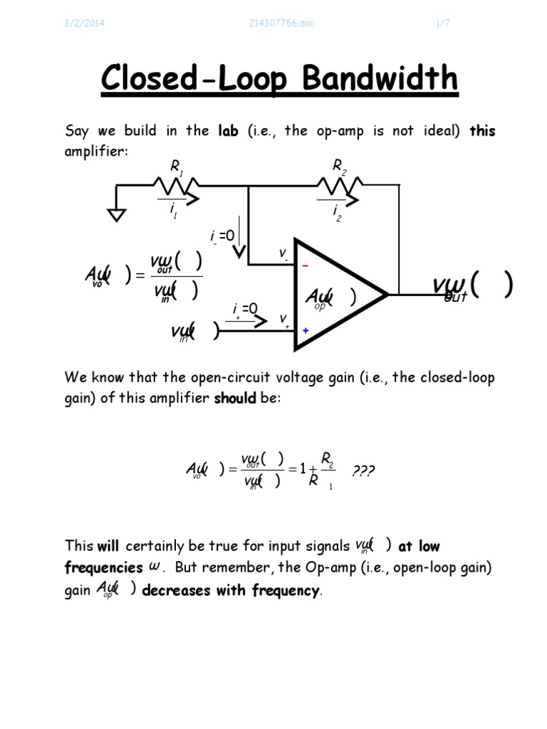 Closed Loop Bandwidth Operational Amplifier Control Theory