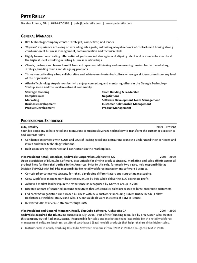 Pete Reilly's Resume PDF Retail Point Of Sale