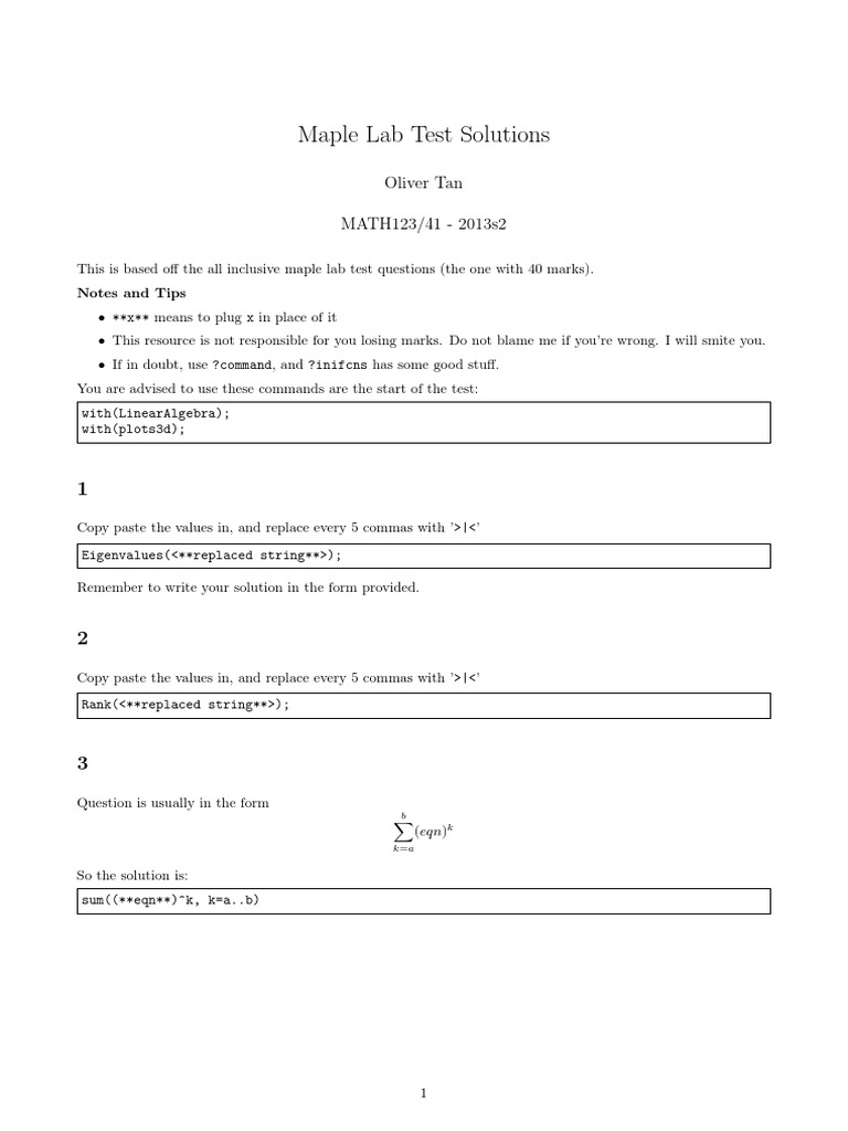 Maple Lab Test Solutions Guide | PDF | Plane (Geometry) | Sphere