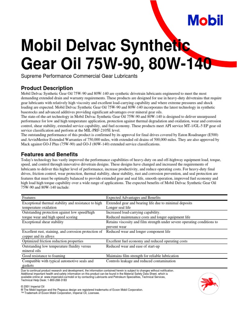 Mobil Delvac Syn Gear Oil 75w90-80w140 | PDF | Transmission (Mechanics ...