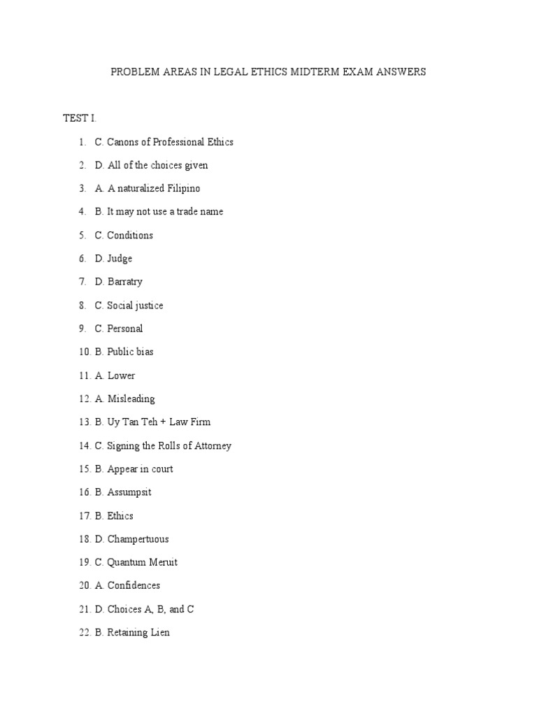 Problem Areas in Legal Ethics Midterm Exam Answers
