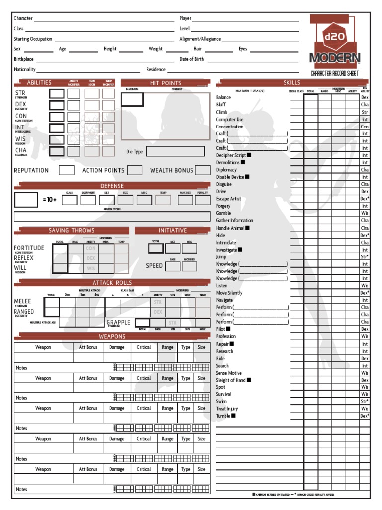 D20 Modern Character Sheet D20 System Tabletop Games