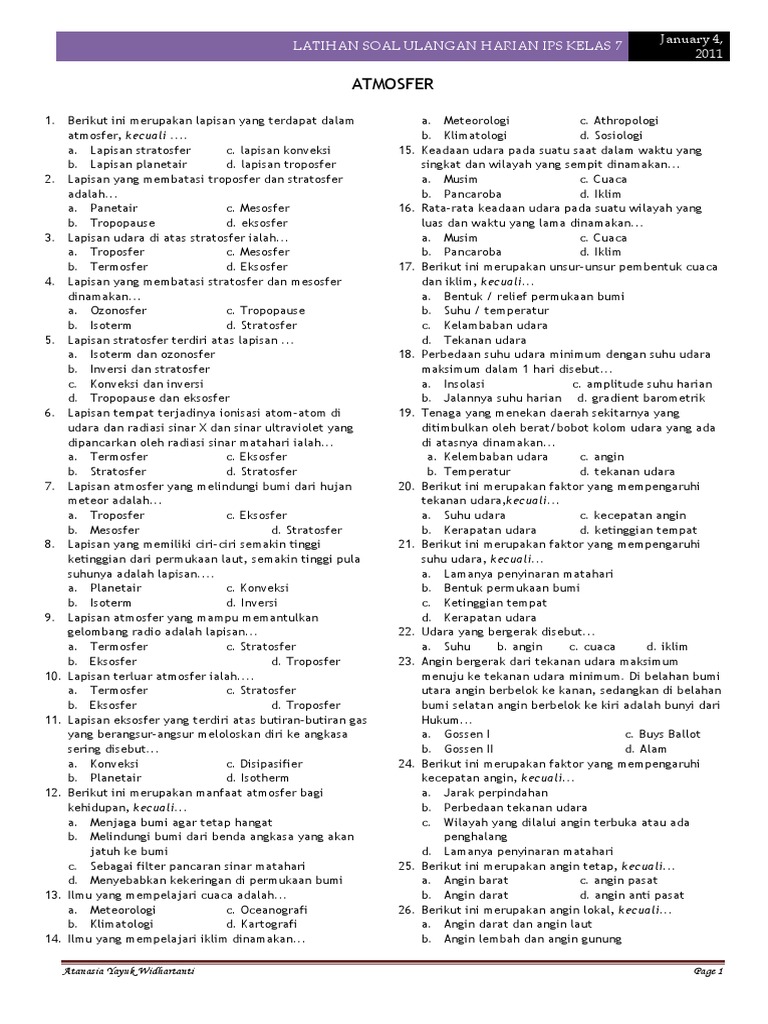 Soal Latihan Ulangan Harian Atmosfer