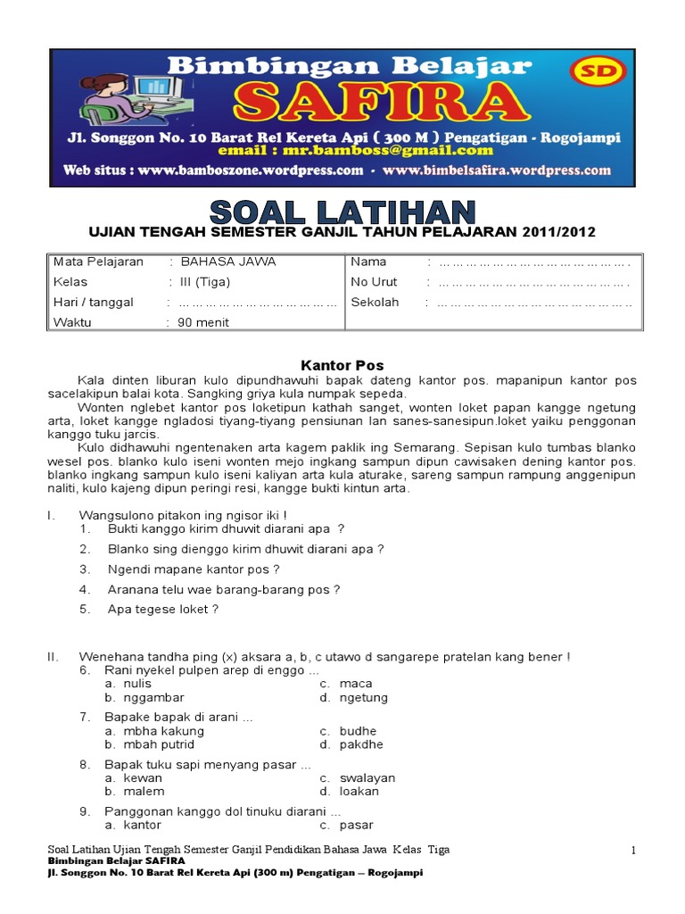Uts Bahasa Jawa Kelas 3 Semester 1