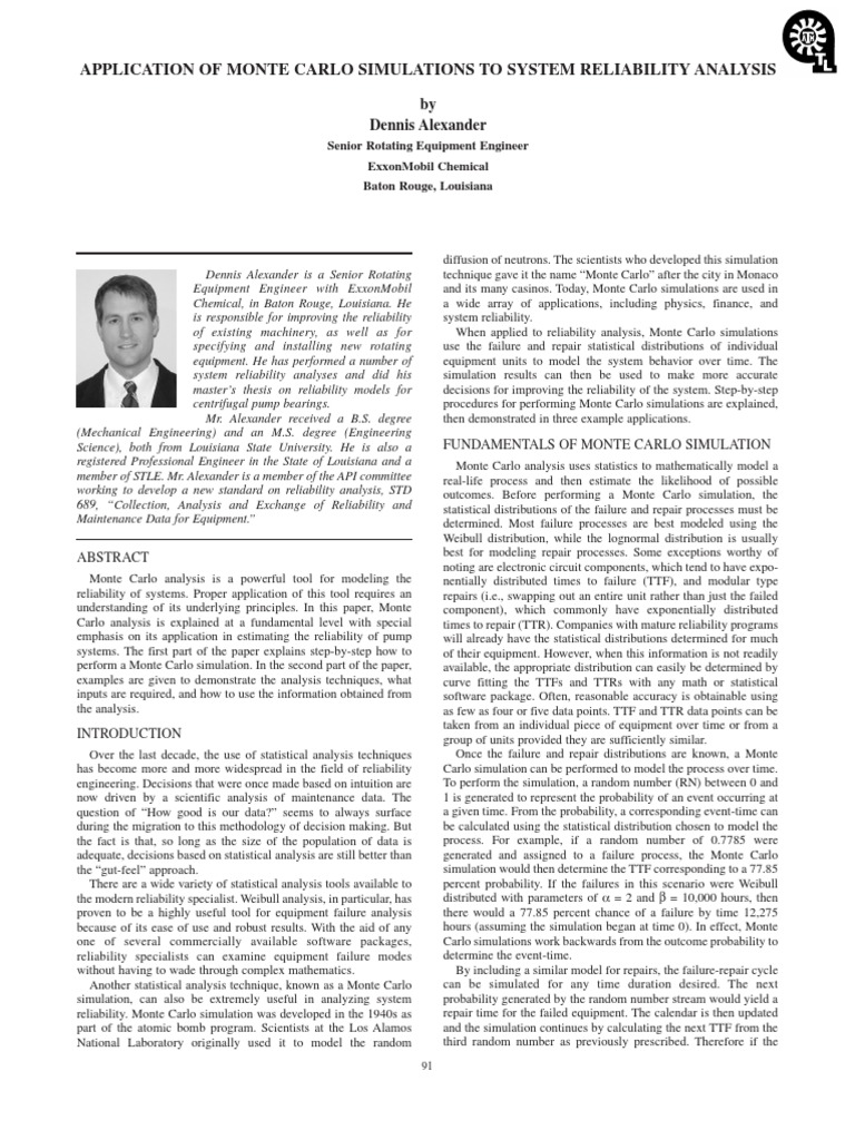 Application of Monte Carlo Simulations To System Reliability Analysis ...