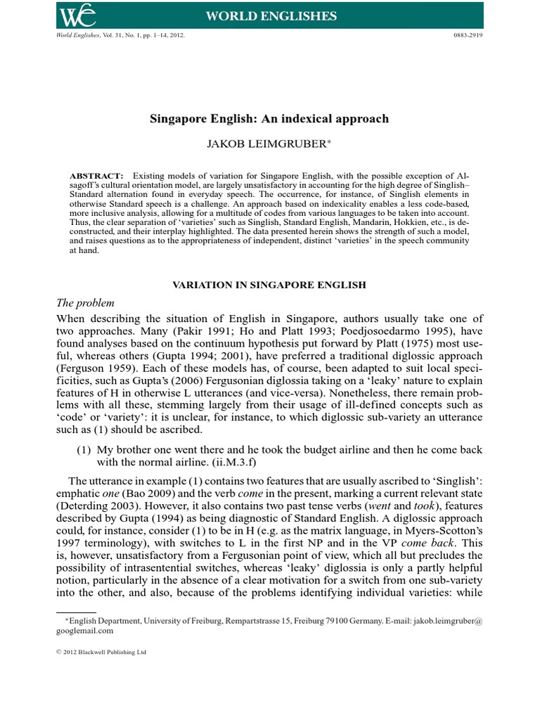 SINGAPORE ENGLISH English Language Dialectology
