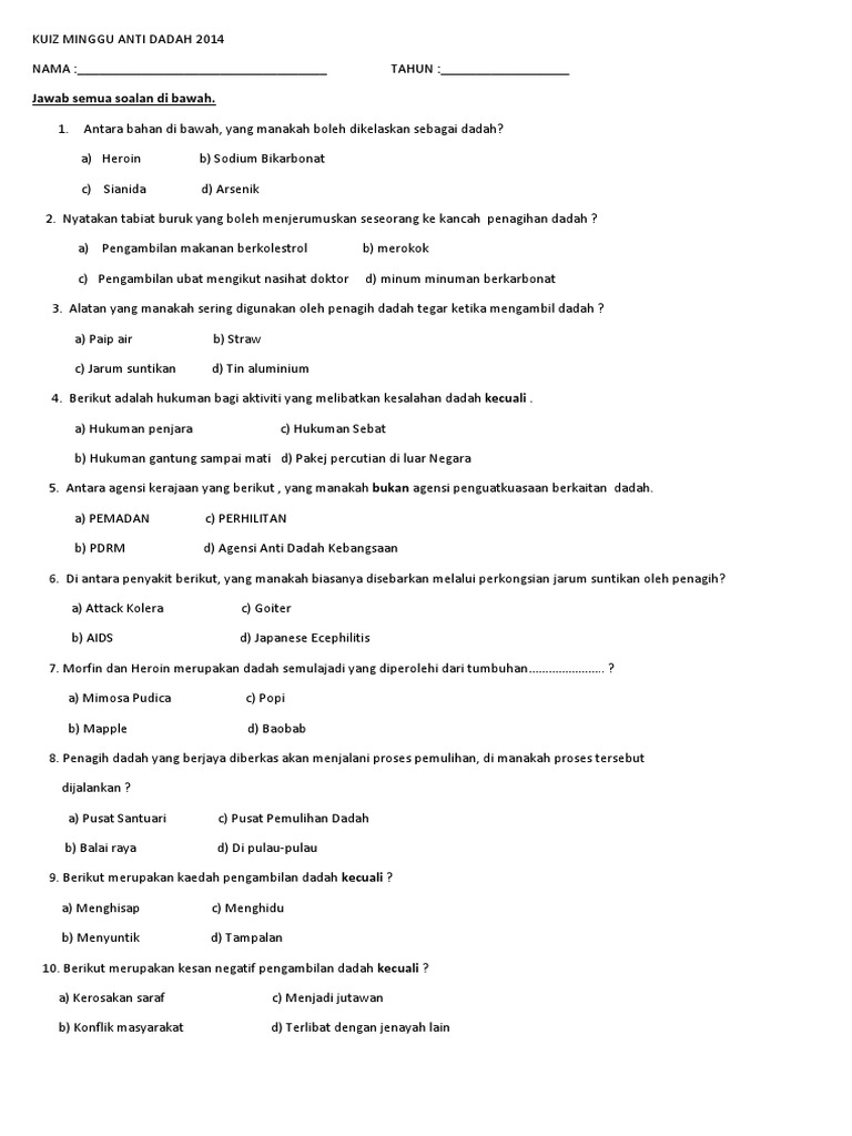 Kuiz Minggu Anti Dadah 2014 Pdf