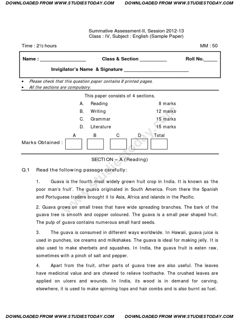 Class 4 English Worksheets Cbse