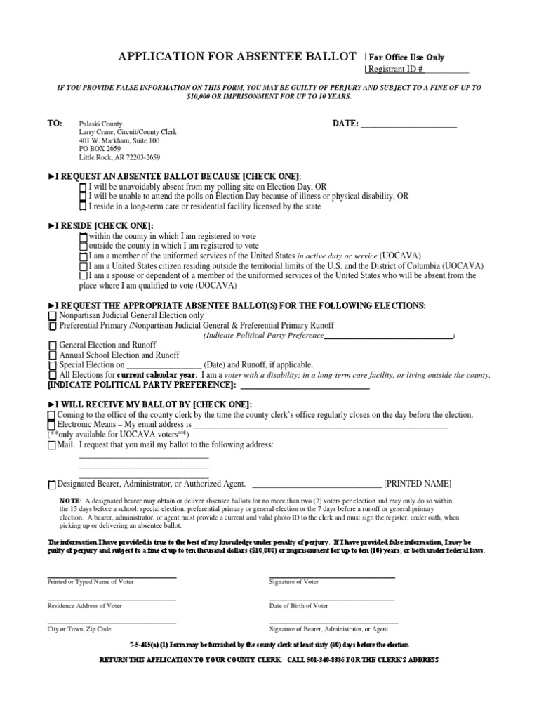 Pulaski County Absentee Ballot Request Form Absentee Ballot Voter