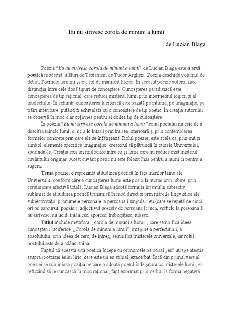 -Eu Nu Strivesc Corola de Minuni a Lumii- Comentariu