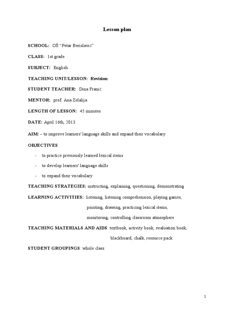 Revision 1st Grade Lesson Plan | PDF | Lesson Plan | Teaching