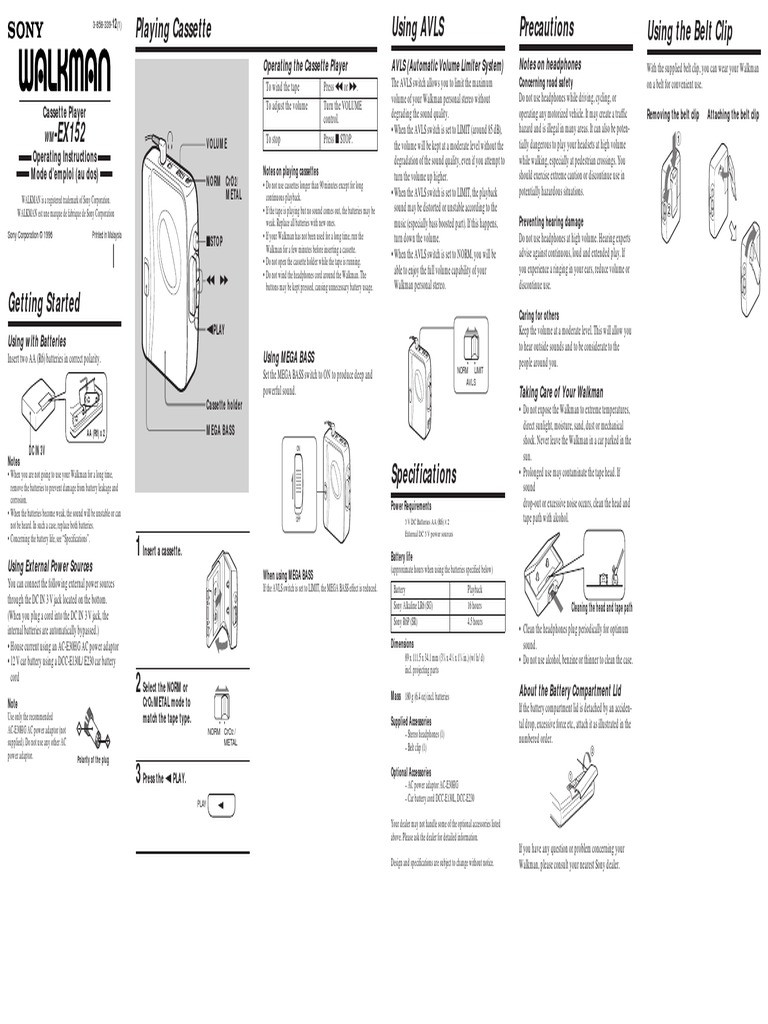 Walkman-SONY Wm-Ex152 PDF | PDF | Headphones | Sound
