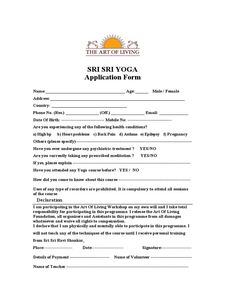 SRI Yoga Application Form PDF | PDF | Career & Growth