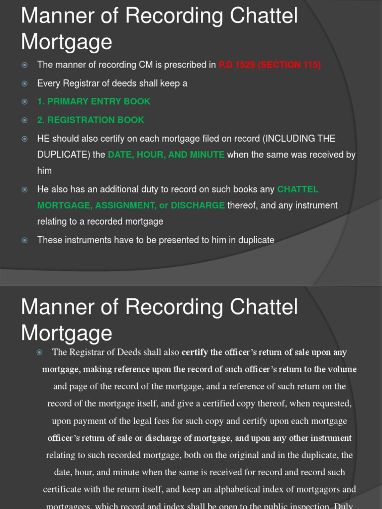 Recording Chattel Mortgages Explained | PDF | Mortgage Law | Deed