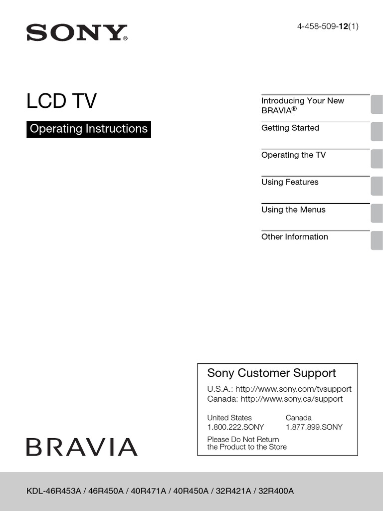 Sony Bravia Television Users Guide Owners Manual Cable Television Hdmi