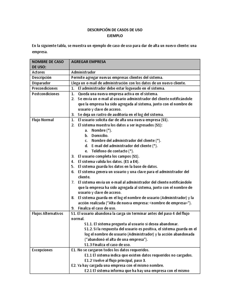 Descripción De Casos De Uso Ejemplo