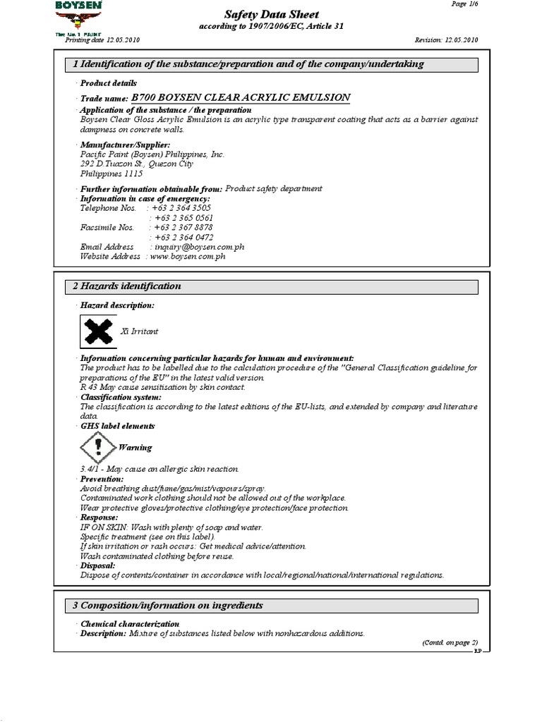 b700 Boysen Clear Acrylic Emulsion PDF Dangerous Goods Chemical Substances