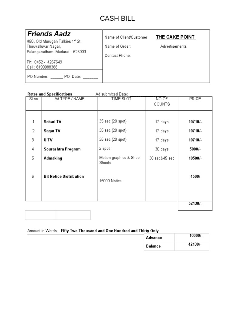Cash Bill for Advertisements Order | PDF | Business