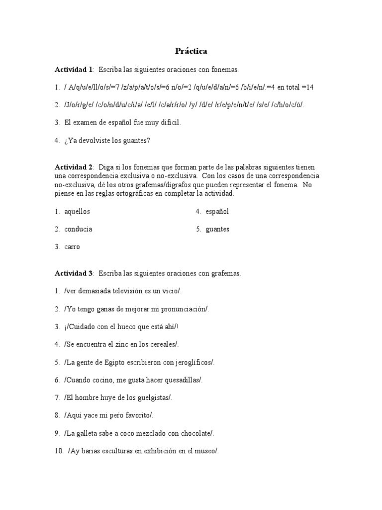 Ejercicios De Gramatica 1 A Fonema Comunicacion Oral