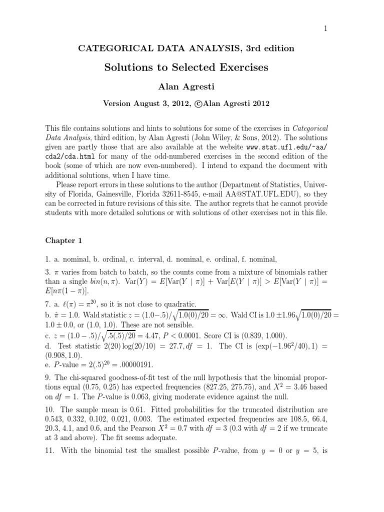 Categorical Data Analysis Selected Solutions By Agresti Pdf P Value Statistical Theory