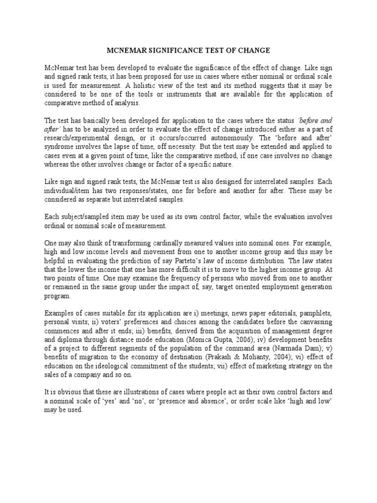 Mcnemar Significance Test of Change PDF Statistical Significance