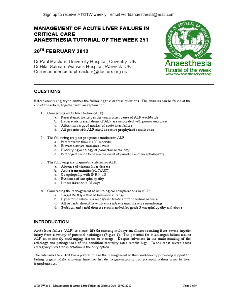 Management of Acute Liver Failure in ICU | PDF | Hepatitis | Organ ...