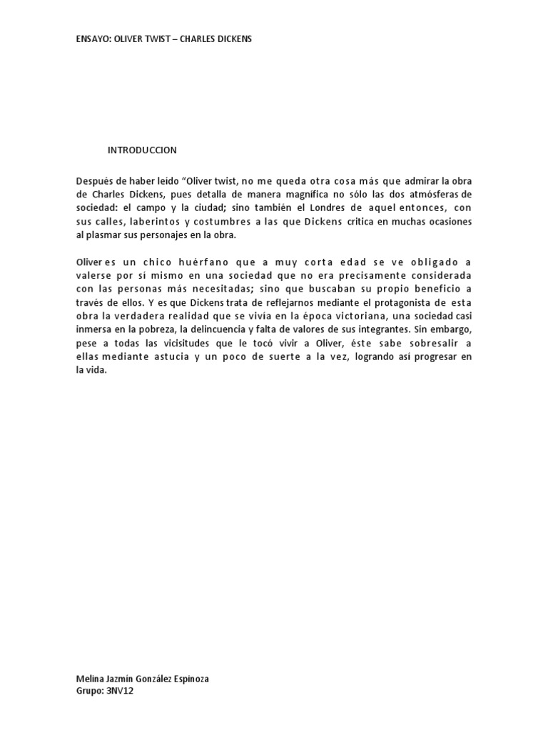 Ensayo Oliver Twist PDF Charles Dickens Oliver Twist