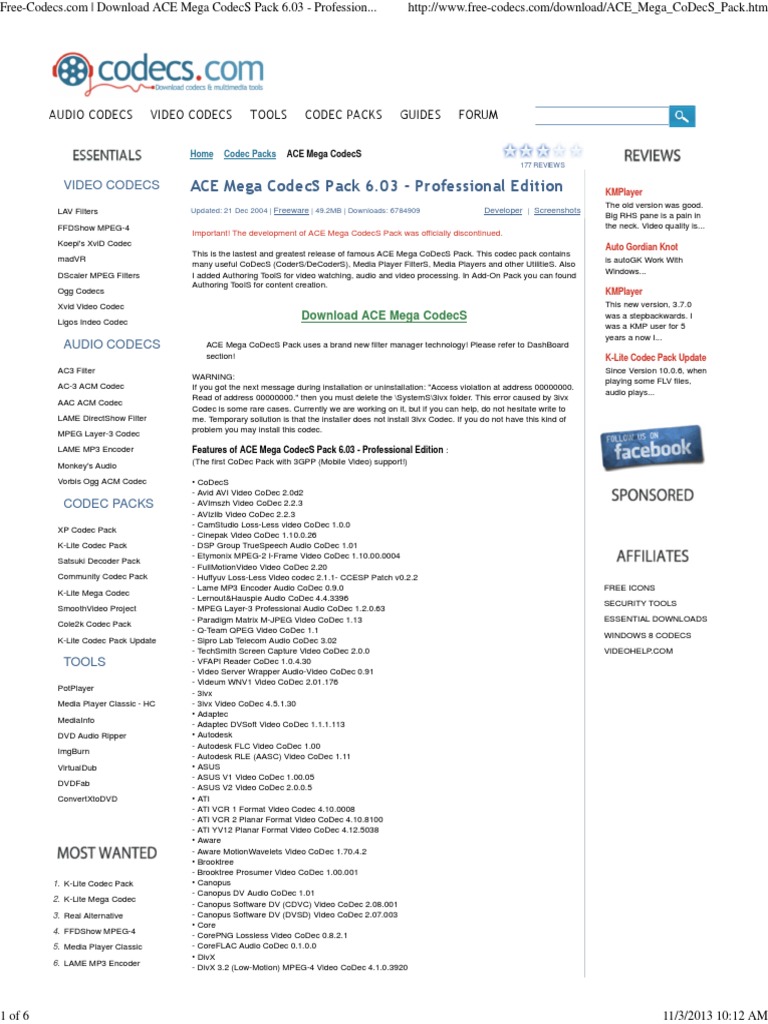 Free-Codecs.Com Download ACE Mega CodecS Pack 6 | Codec | Data.