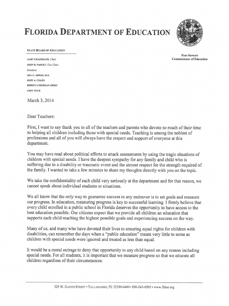 Florida Education Commissioner Pam Stewart's Letter To Florida Teachers