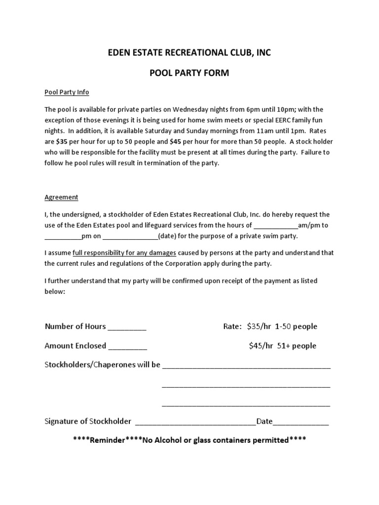 Eden Estate Pool Party Booking Form | PDF | Sports & Recreation | Law