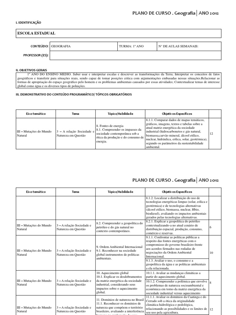 Plano de Aula 1 Ano Ensino Medio | PDF | Geografia | Cidade