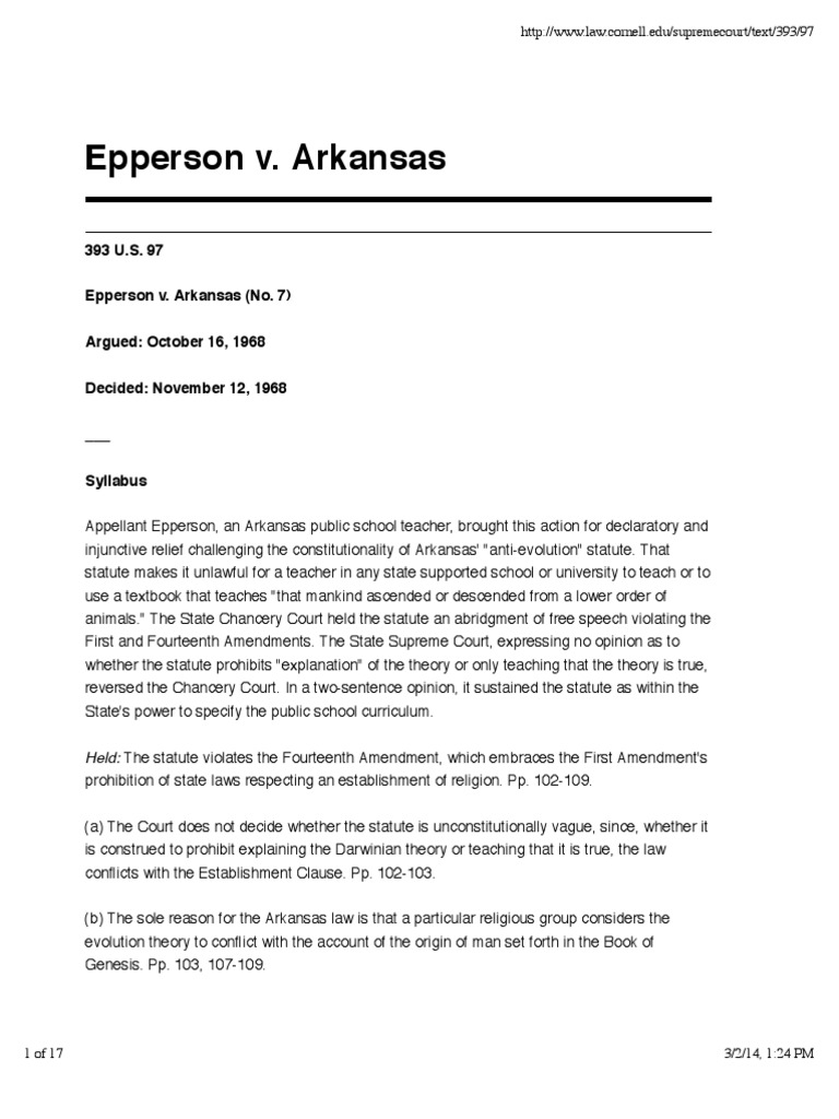 Epperson v. Arkansas PDF First Amendment To The United States