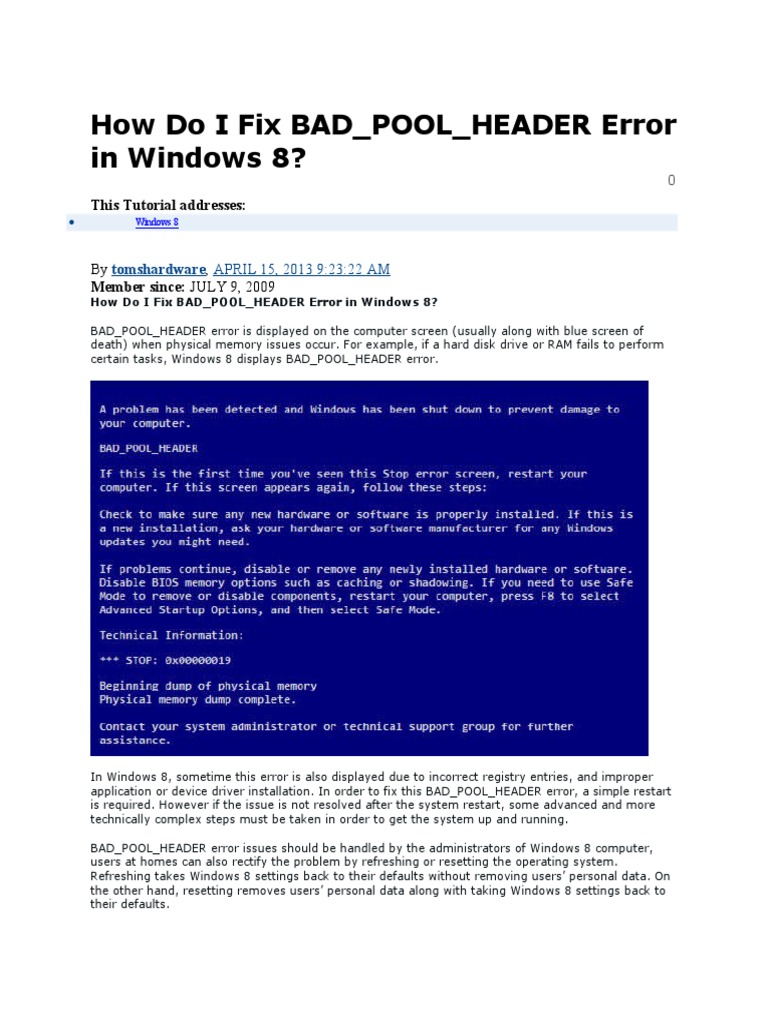 How Do I Fix Bad - Pool - Header Error in Windows 8?: This Tutorial ...