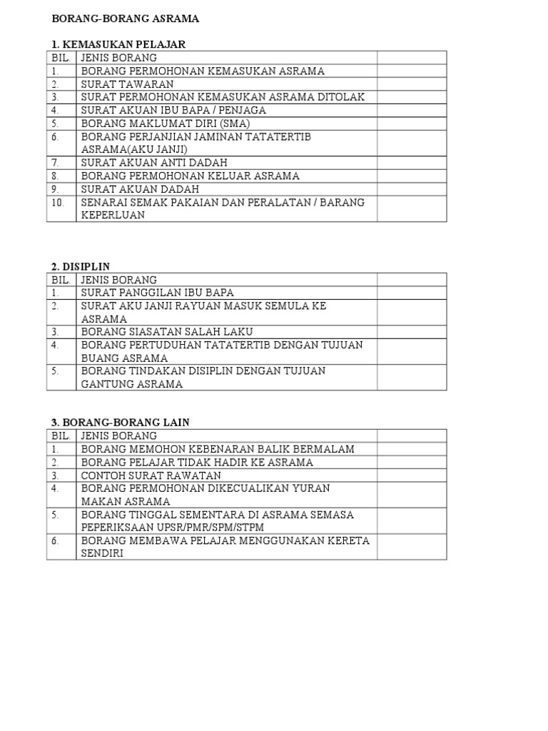 Borang Pengurusan Pelajar Asrama Harian | Pdf