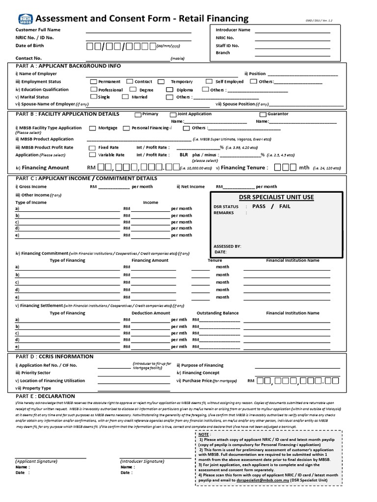 MBSB Assessment & Consent Form Retail Financing v1.2 | PDF | Business