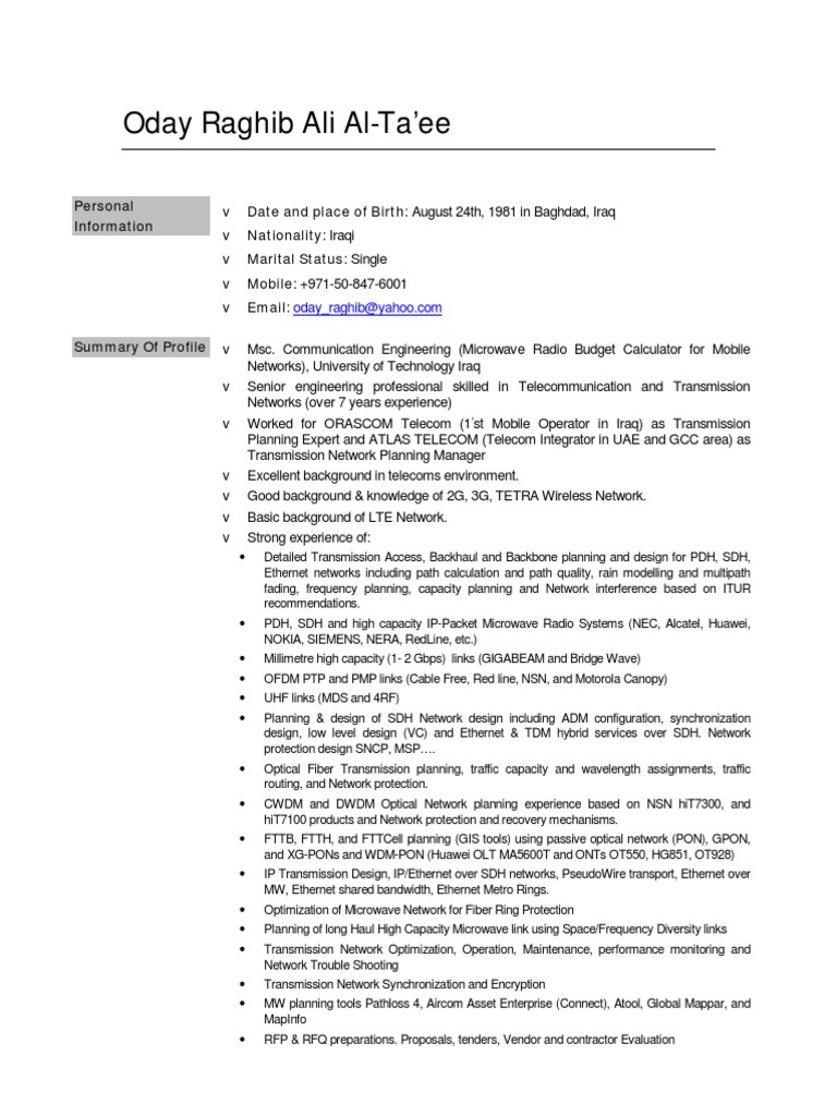 Transmission Planning Engineer CV PDF Computer Network