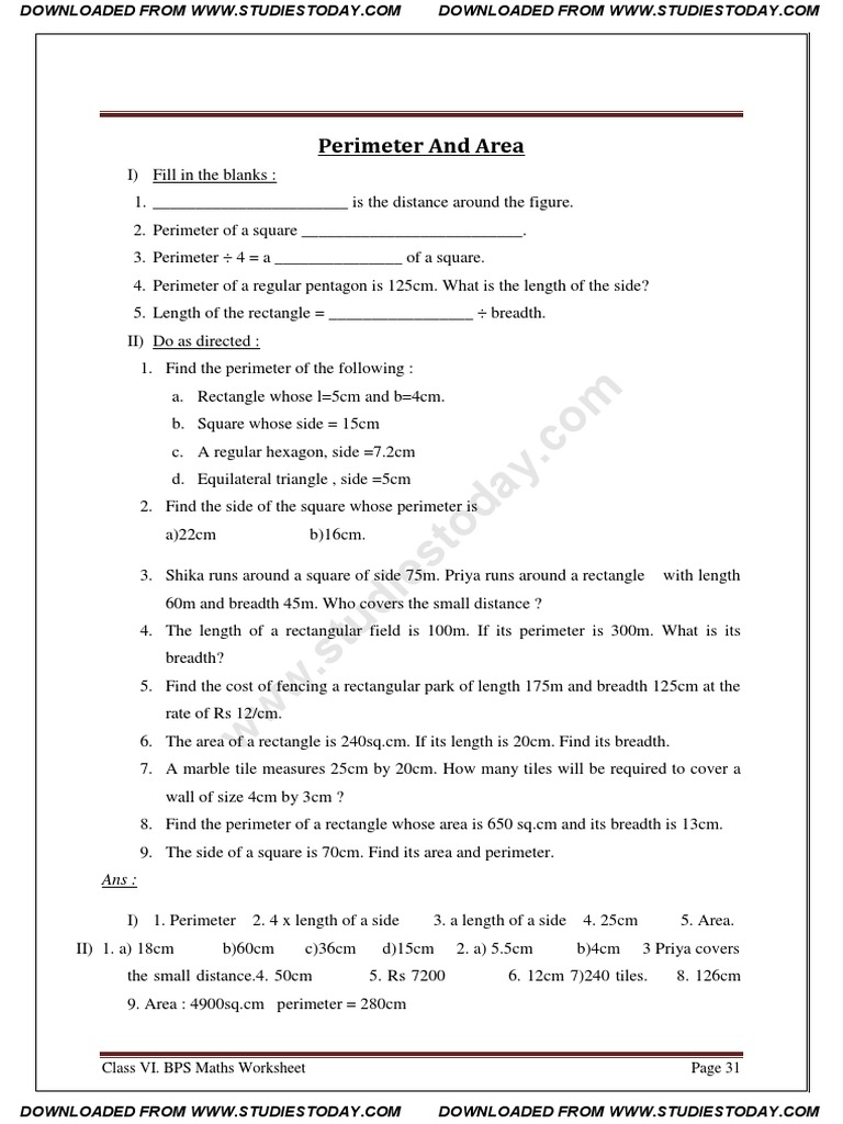 Class 6 Perimeter and Area Worksheet | PDF | Teaching Methods & Materials