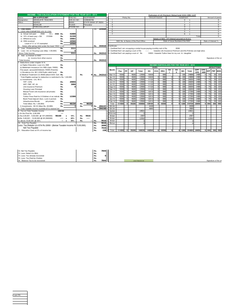 IT Calculation Sheet 2013 14 Word 2007 Format PDF Life