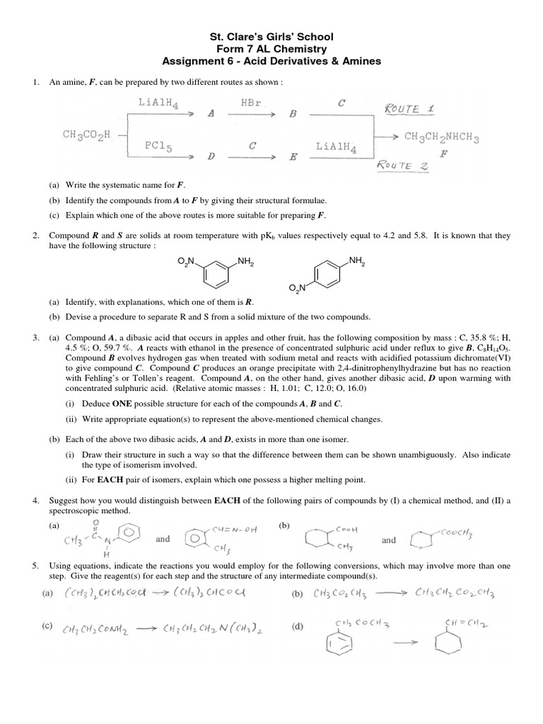 St. Clare's Girls' School Form 7 AL Chemistry Assignment 6 - Acid ...