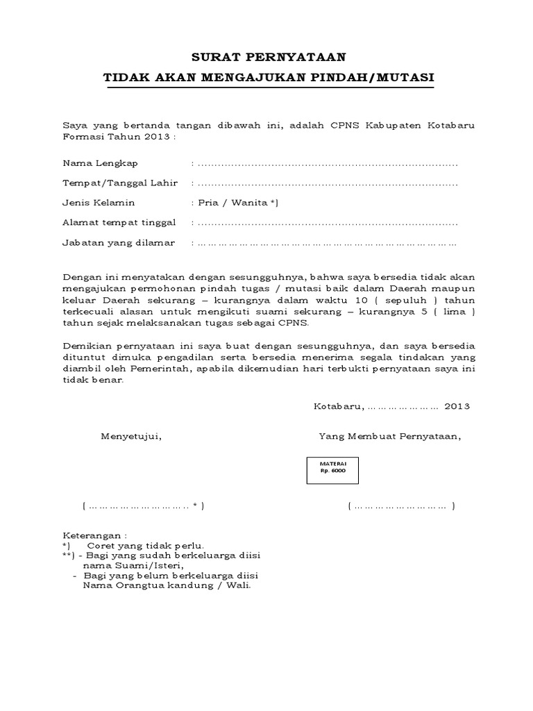 Contoh Surat Pernyataan Bersedia Tidak Dah