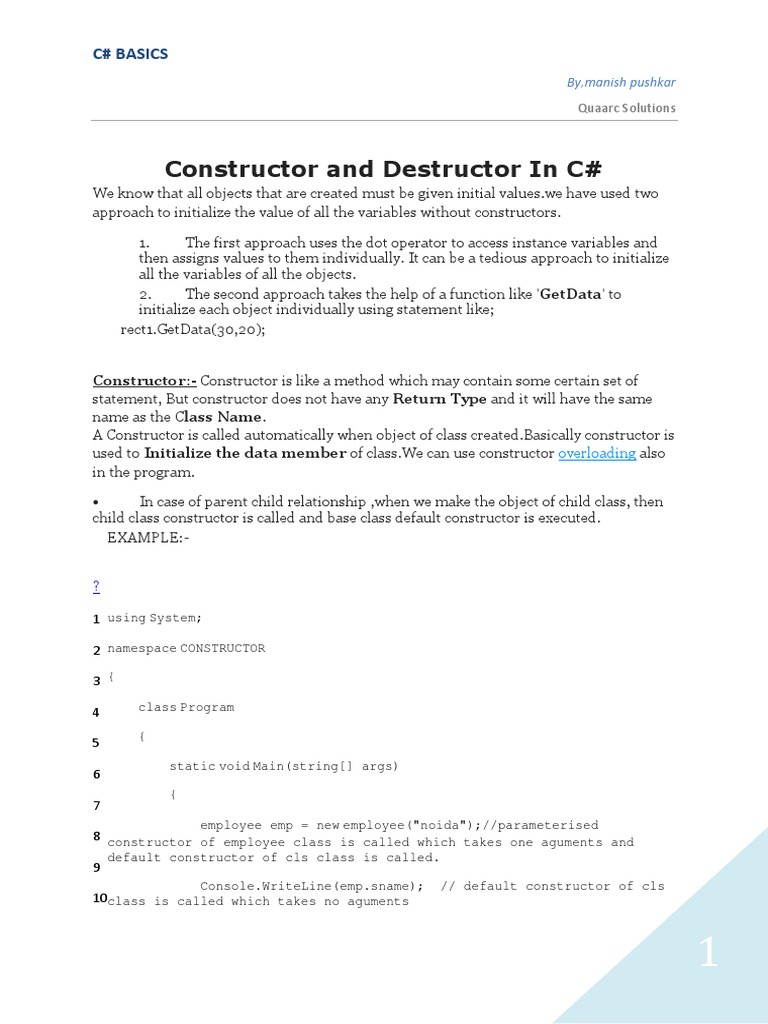 Constructor and Destructor in C# | PDF | Constructor (Object Oriented ...