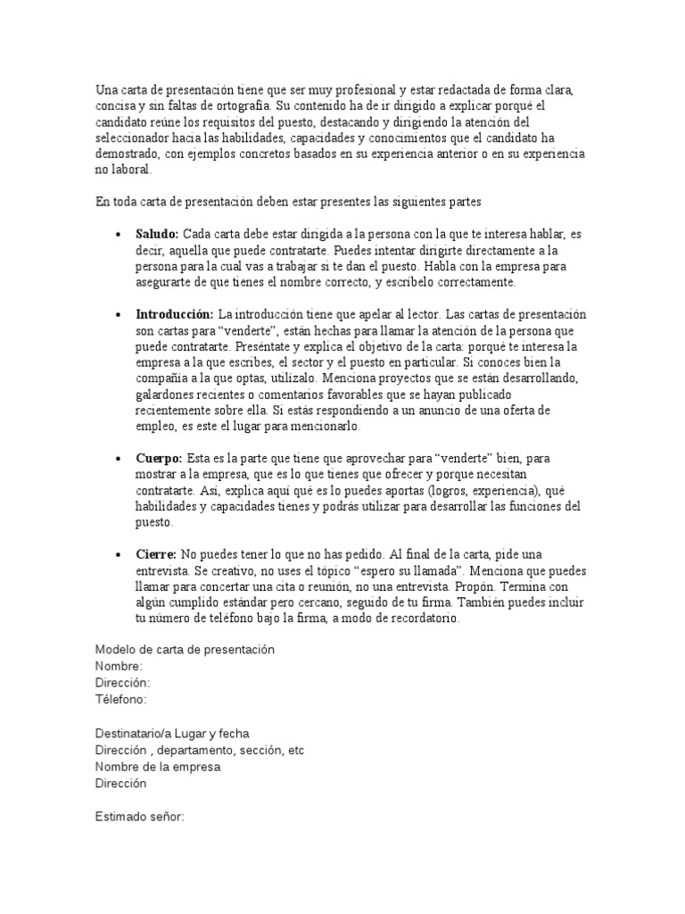Modelo de carta de presentación Nombre Dirección Télefono