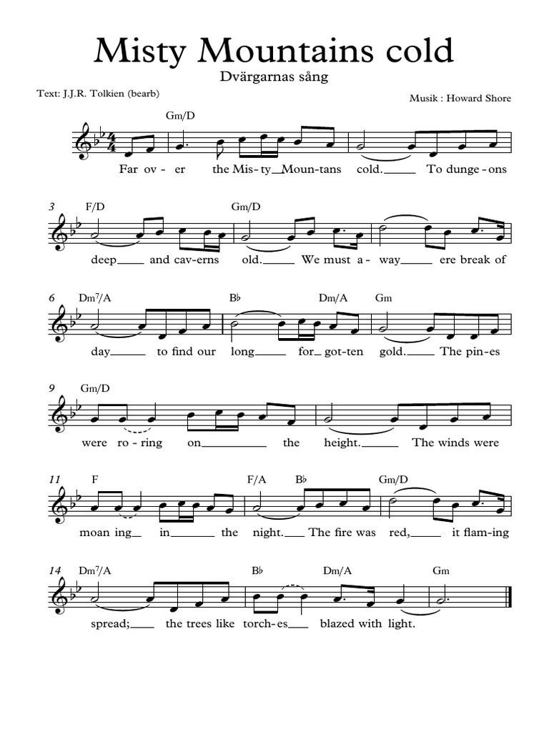 Misty Mountains Cold Gmoll Full Score J. R. R. Tolkien Middle Earth