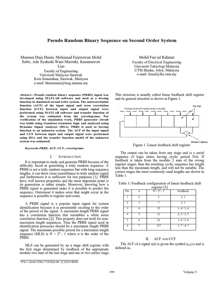 Pseudo random binary sequence on second order system signal