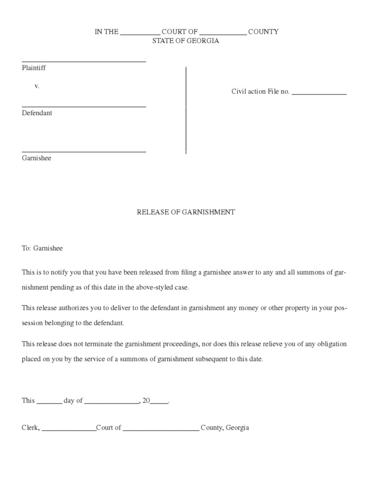 Release of Garnishment O.C.G.A. 18466