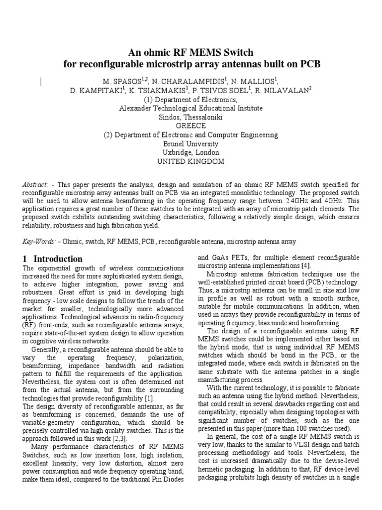 Ohmic RF MEMS Switch for Antenna Arrays | PDF | Microelectromechanical ...
