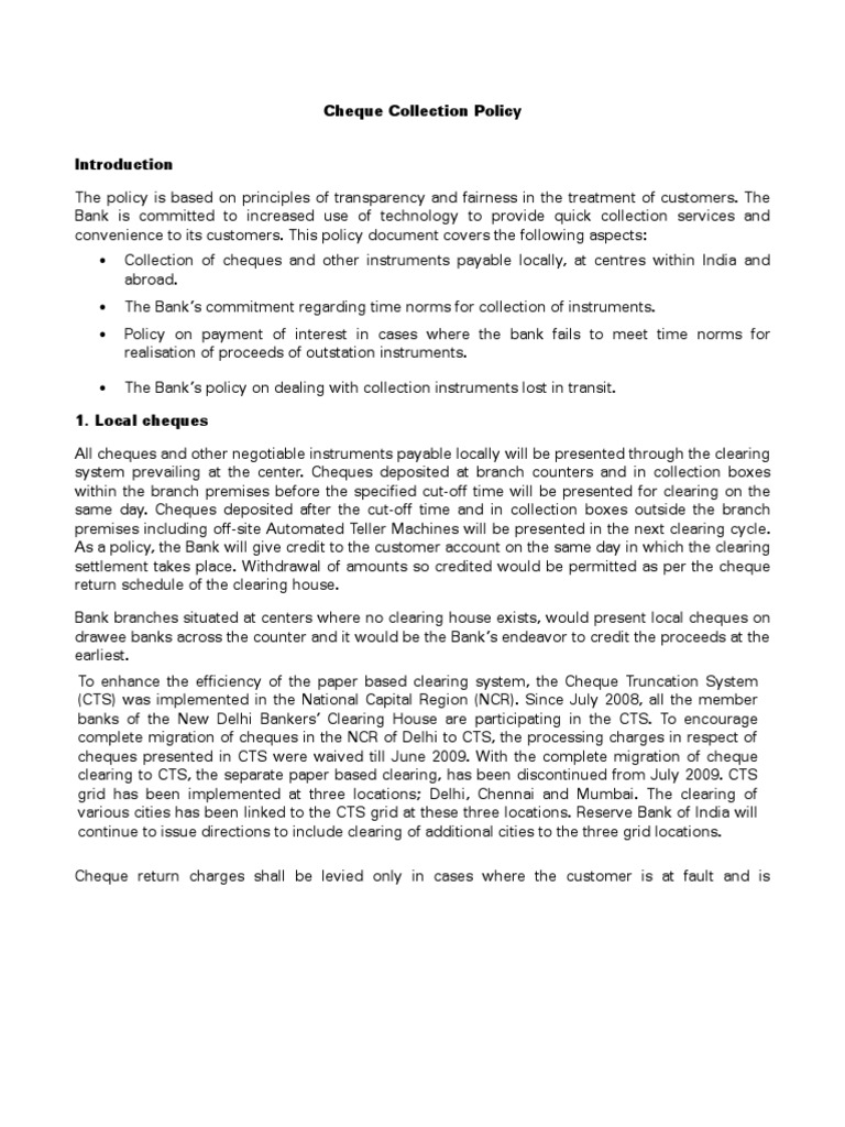 Cheque Collectionpolicy | PDF