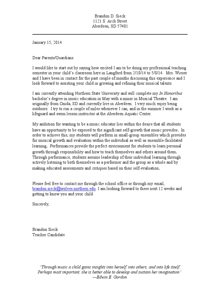 Music Education Introduction Letter | PDF